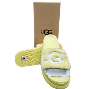 Fuzzy Fur Slides UGG Laton Size 10 Yellow Wool Embroidered Logo Sandal Suede EUC